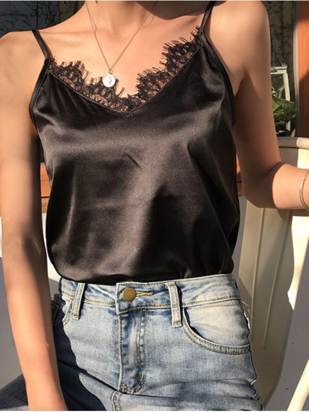 Black Lace Trim Satin Cami Top